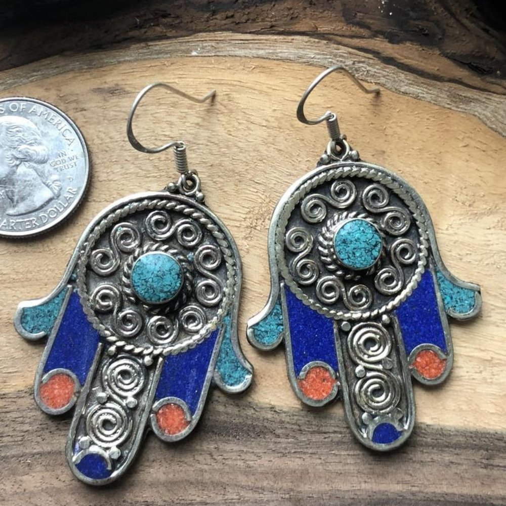 Turquoise, Lapis and Coral Earrings